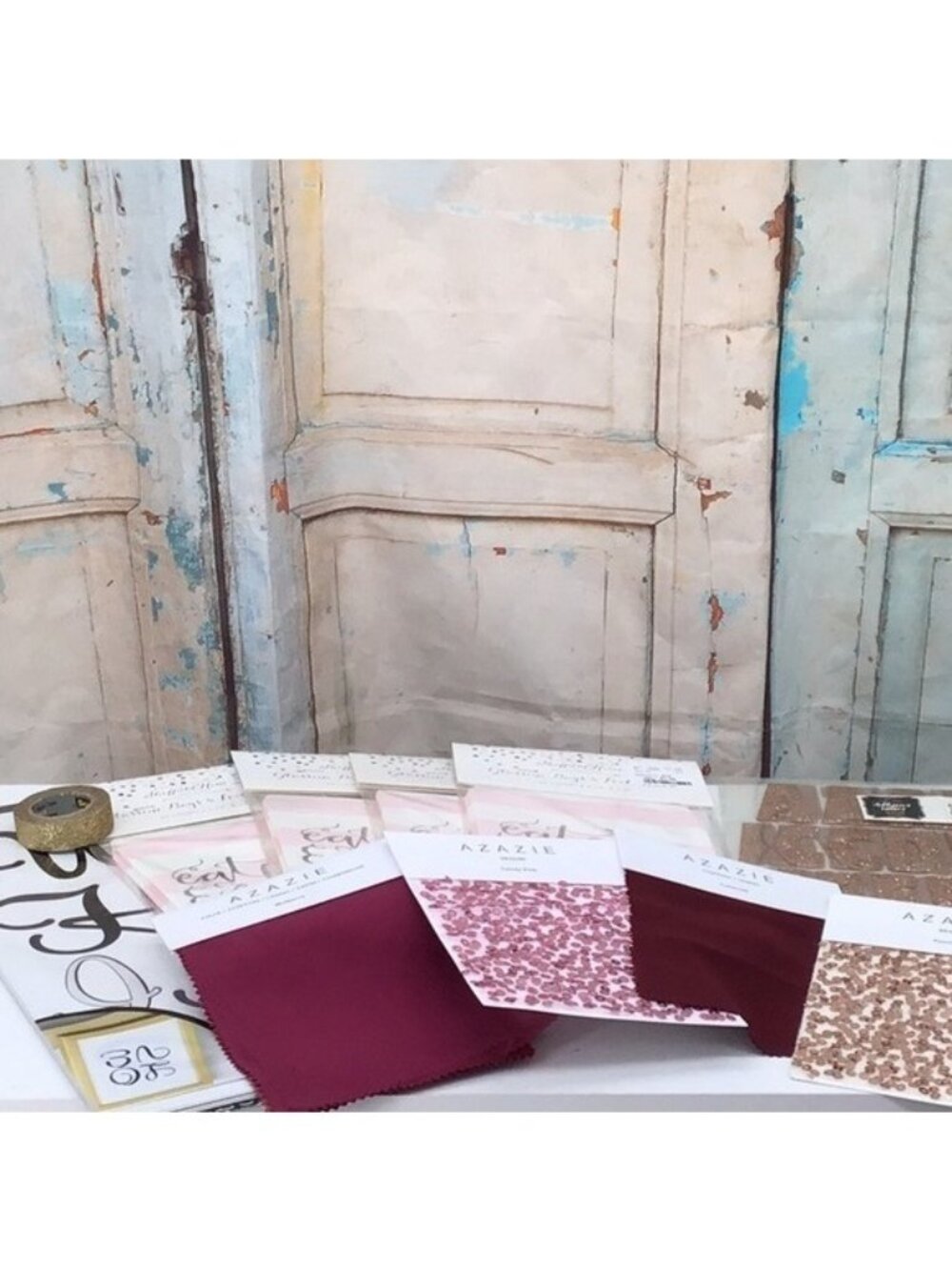 Azazie Fabric Swatches & Craft Supplies Set With Gold Glitter Tape ~ USED OPENED